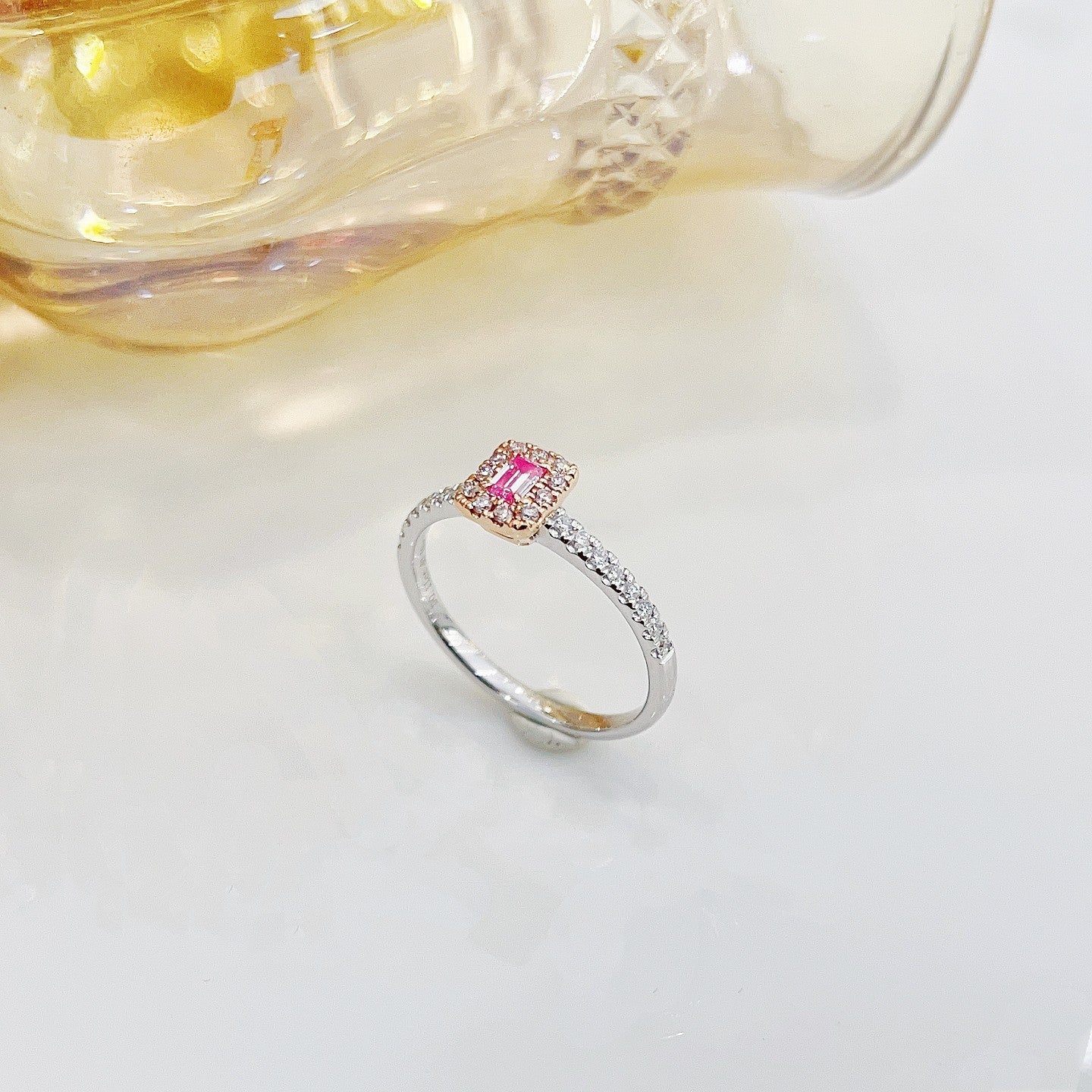 18K Pink Diamond and Emerald Straight Arm Ring | Luxury Jewelry - Pink Diamond Ring