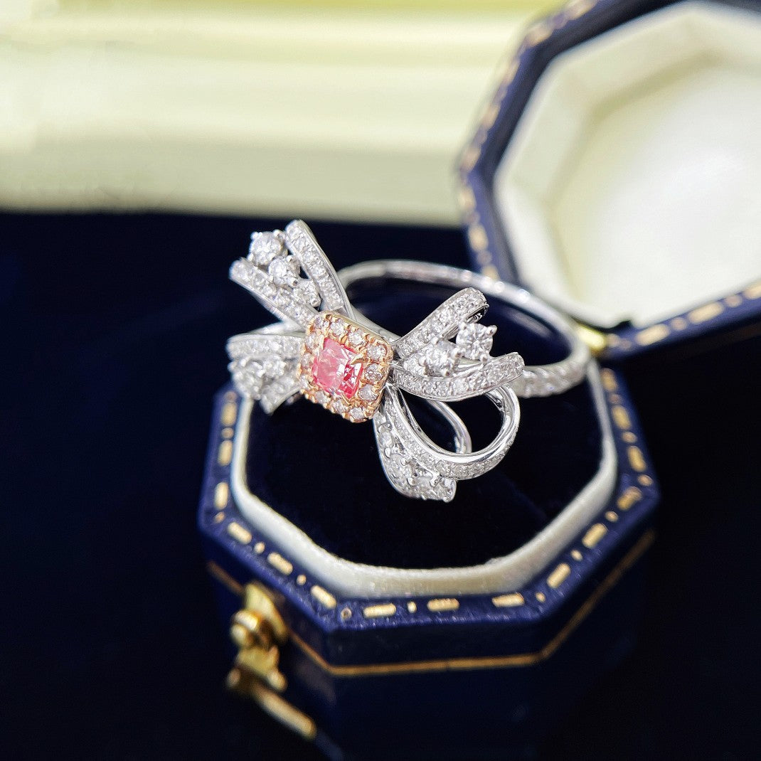 18K Pink Diamond Bowknot Cushion Ring - Premium Jewelry - Pink Diamond Ring