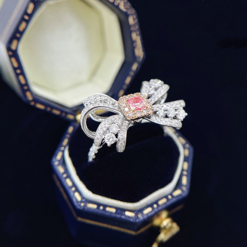 18K Pink Diamond Bowknot Cushion Ring - Premium Jewelry - Pink Diamond Ring