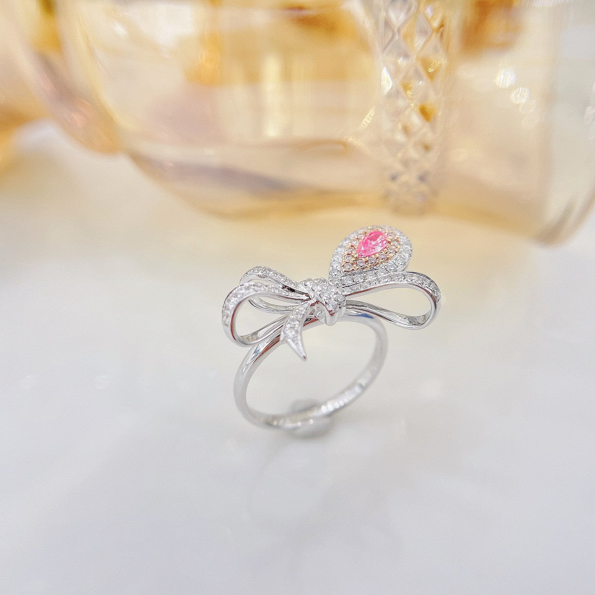 18K Pink Diamond Bowknot Drop Ring - Luxurious Jewelry Choice - Pink Diamond Ring