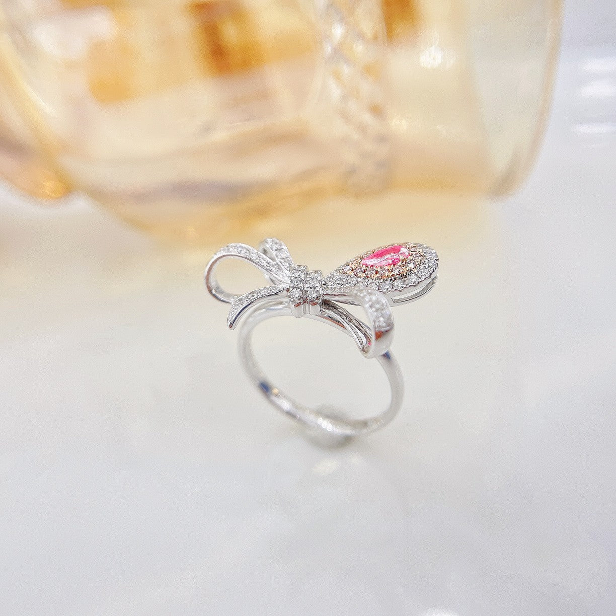 18K Pink Diamond Bowknot Drop Ring - Luxurious Jewelry Choice - Pink Diamond Ring