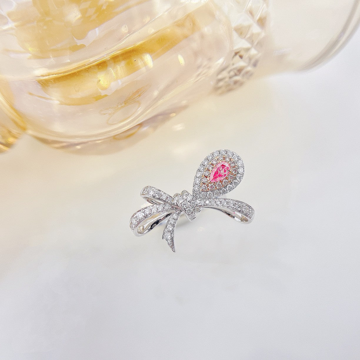 18K Pink Diamond Bowknot Drop Ring - Luxurious Jewelry Choice - Pink Diamond Ring