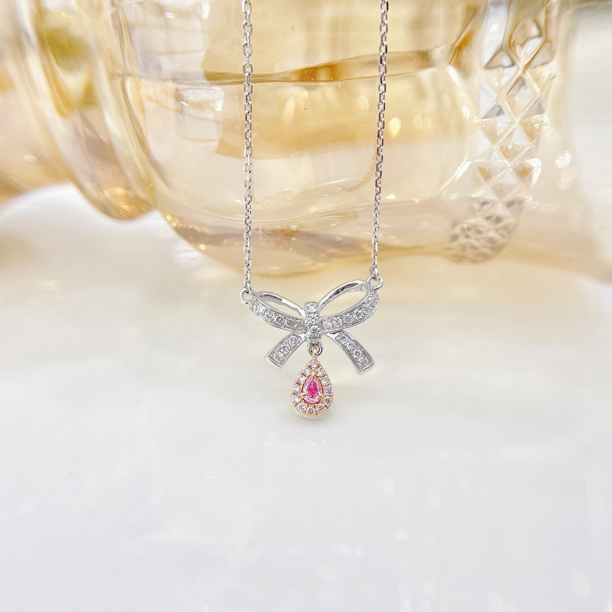 18K Pink Diamond Bowknot Pendant Necklace - Exquisite Jewelry - Pink Diamond Necklace