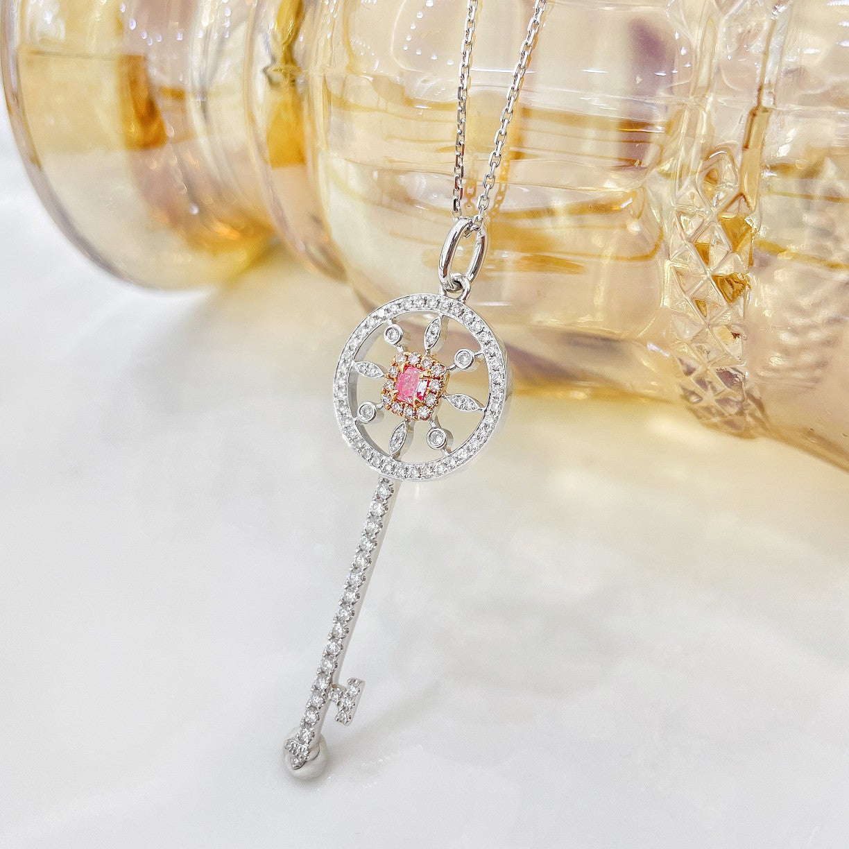 18K Pink Diamond Circle Key Pendant Necklace - Exquisite Jewelry - Pink Diamond Necklace