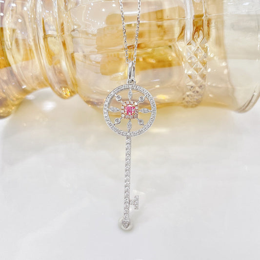 18K Pink Diamond Circle Key Pendant Necklace - Exquisite Jewelry - Pink Diamond Necklace