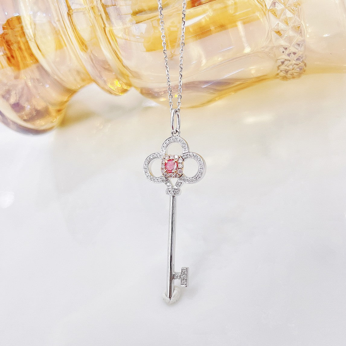 18K Pink Diamond Clover Key Pendant Jewelry - Pink Diamond Necklace