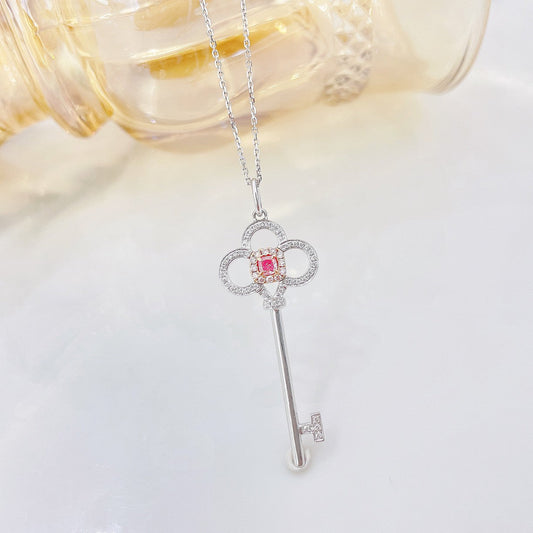 18K Pink Diamond Clover Key Pendant Jewelry - Pink Diamond Necklace