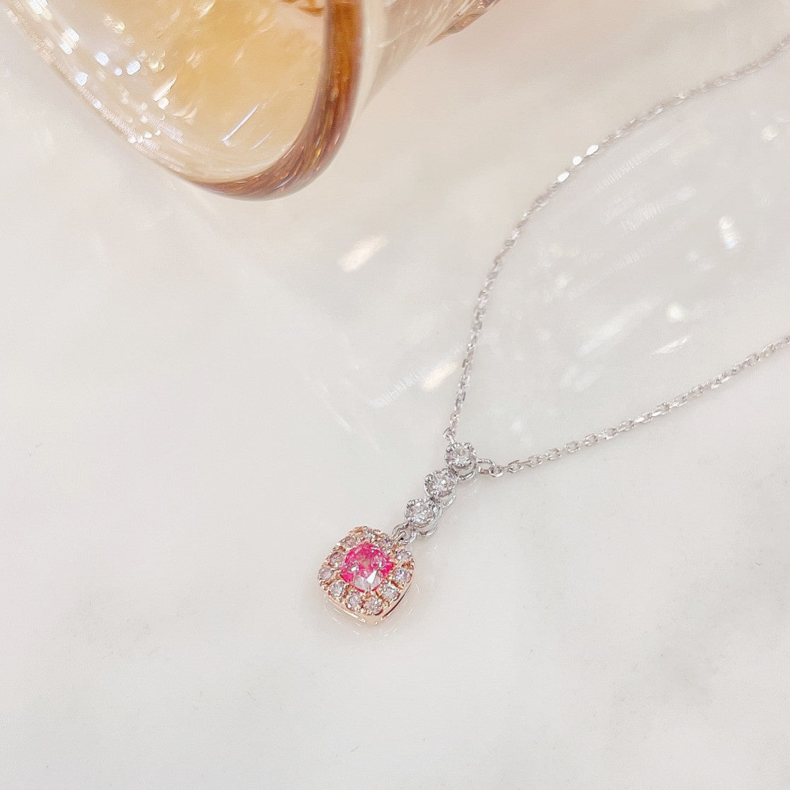 18K Pink Diamond Cushion Bubble Necklace - Luxurious Jewelry - Pink Diamond Necklace