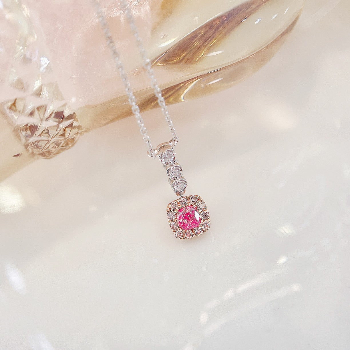 18K Pink Diamond Cushion Bubble Necklace - Luxurious Jewelry - Pink Diamond Necklace