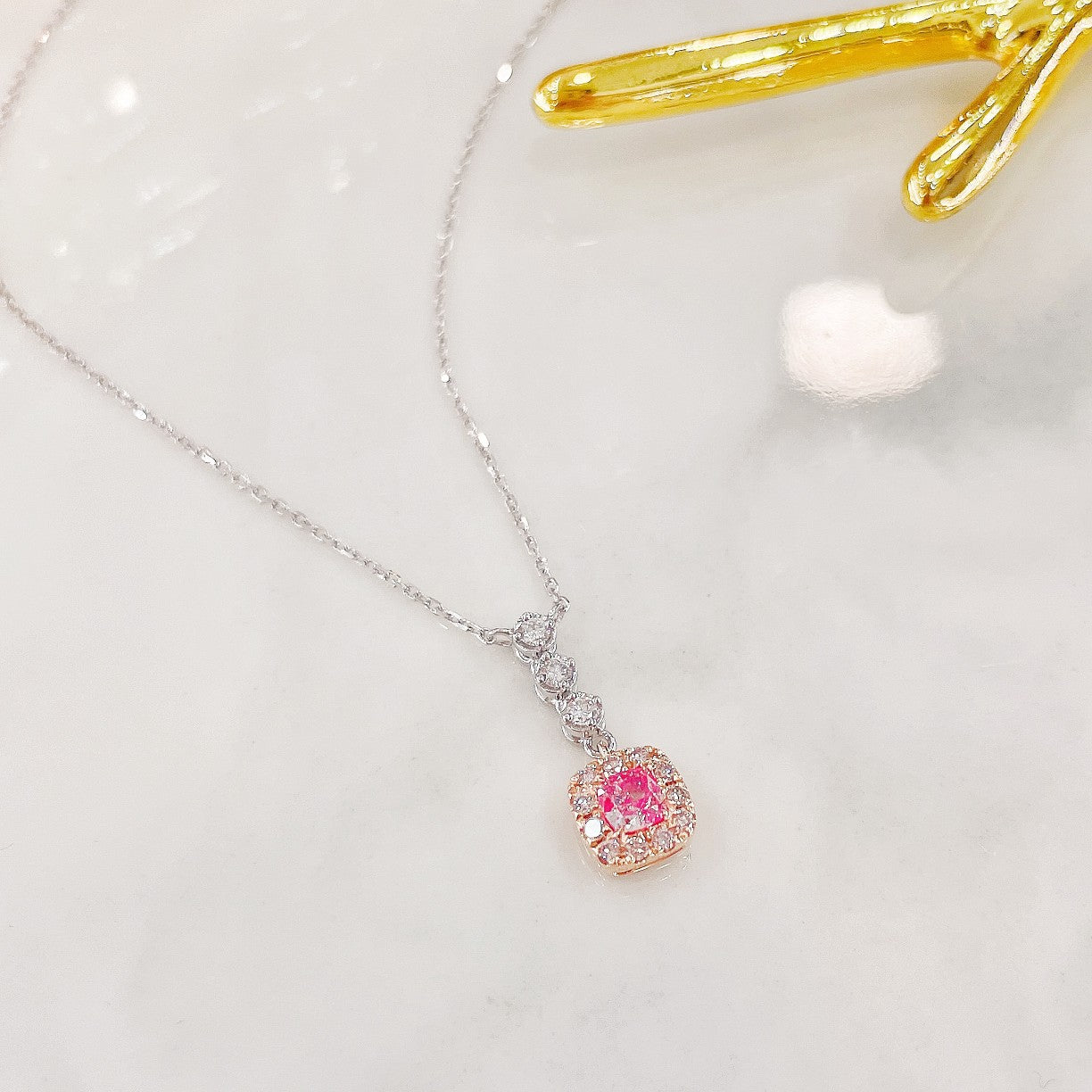 18K Pink Diamond Cushion Bubble Necklace - Luxurious Jewelry - Pink Diamond Necklace