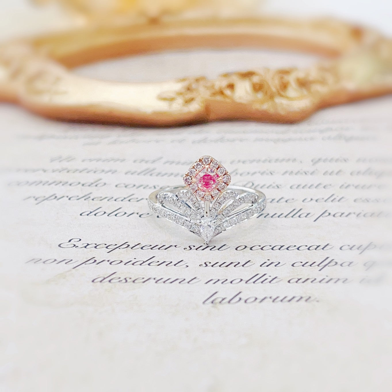 18K Pink Diamond Cushion Crown Ring - Luxurious Jewelry - Pink Diamond Ring