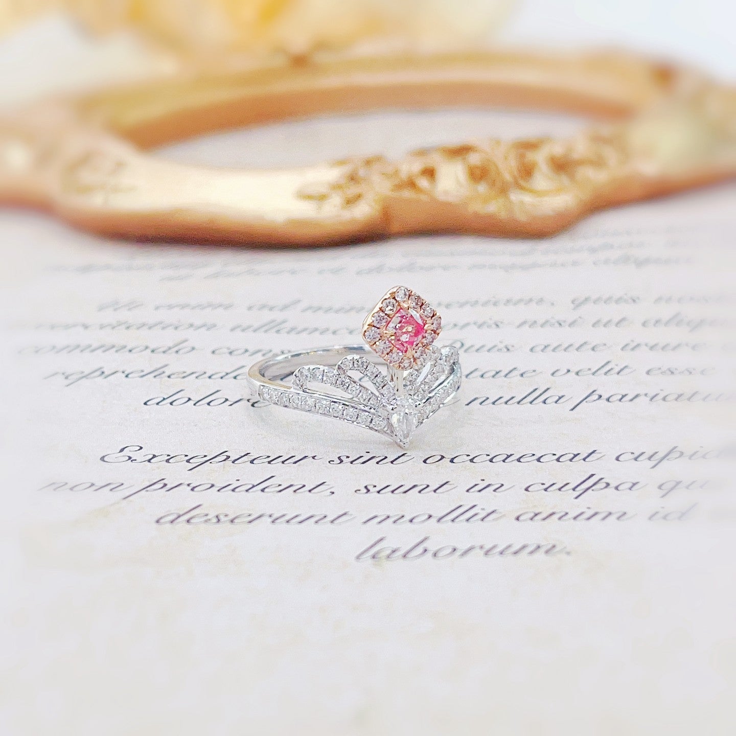 18K Pink Diamond Cushion Crown Ring - Luxurious Jewelry - Pink Diamond Ring