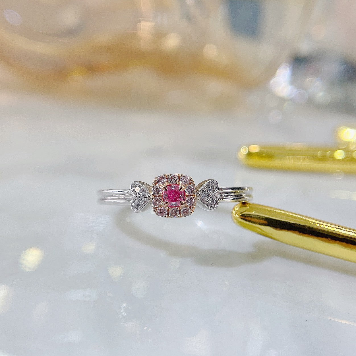 18K Pink Diamond Cushion-Cut Double Heart Ring - Premium Jewelry - Pink Diamond Ring