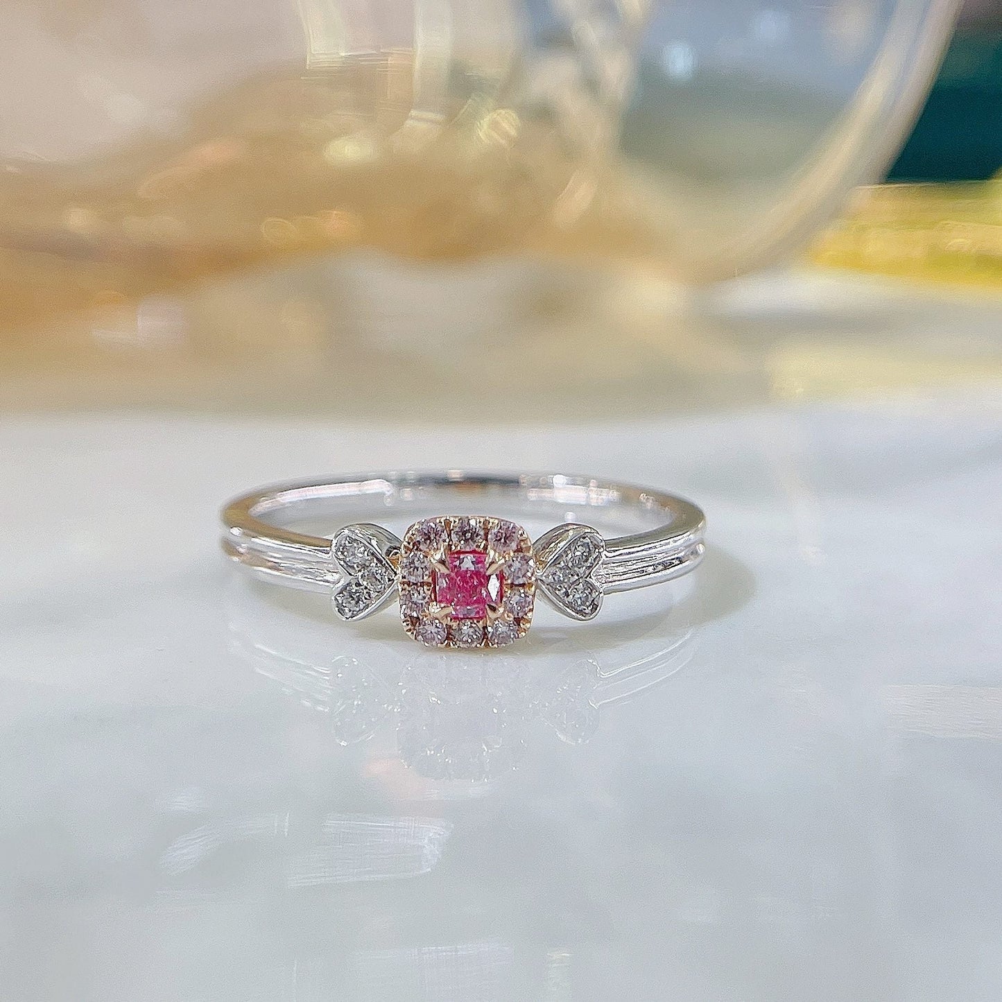 18K Pink Diamond Cushion-Cut Double Heart Ring - Premium Jewelry - Pink Diamond Ring