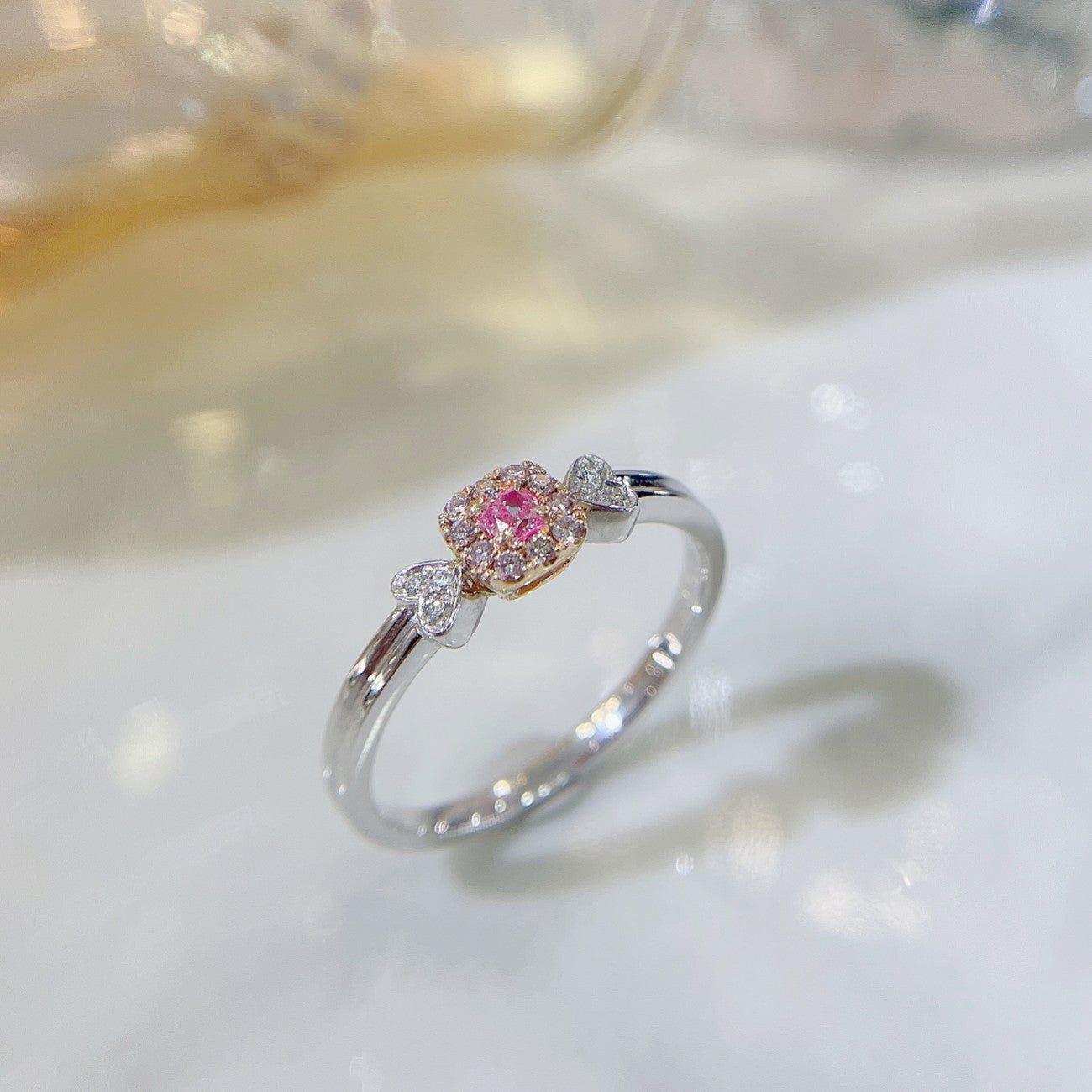 18K Pink Diamond Cushion-Cut Double Heart Ring - Premium Jewelry - Pink Diamond Ring