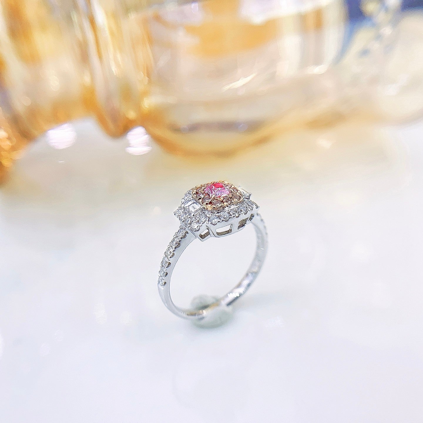 18K Pink Diamond Cushion-Cut Double-Tier Ring | Premium Jewelry - Pink Diamond Ring