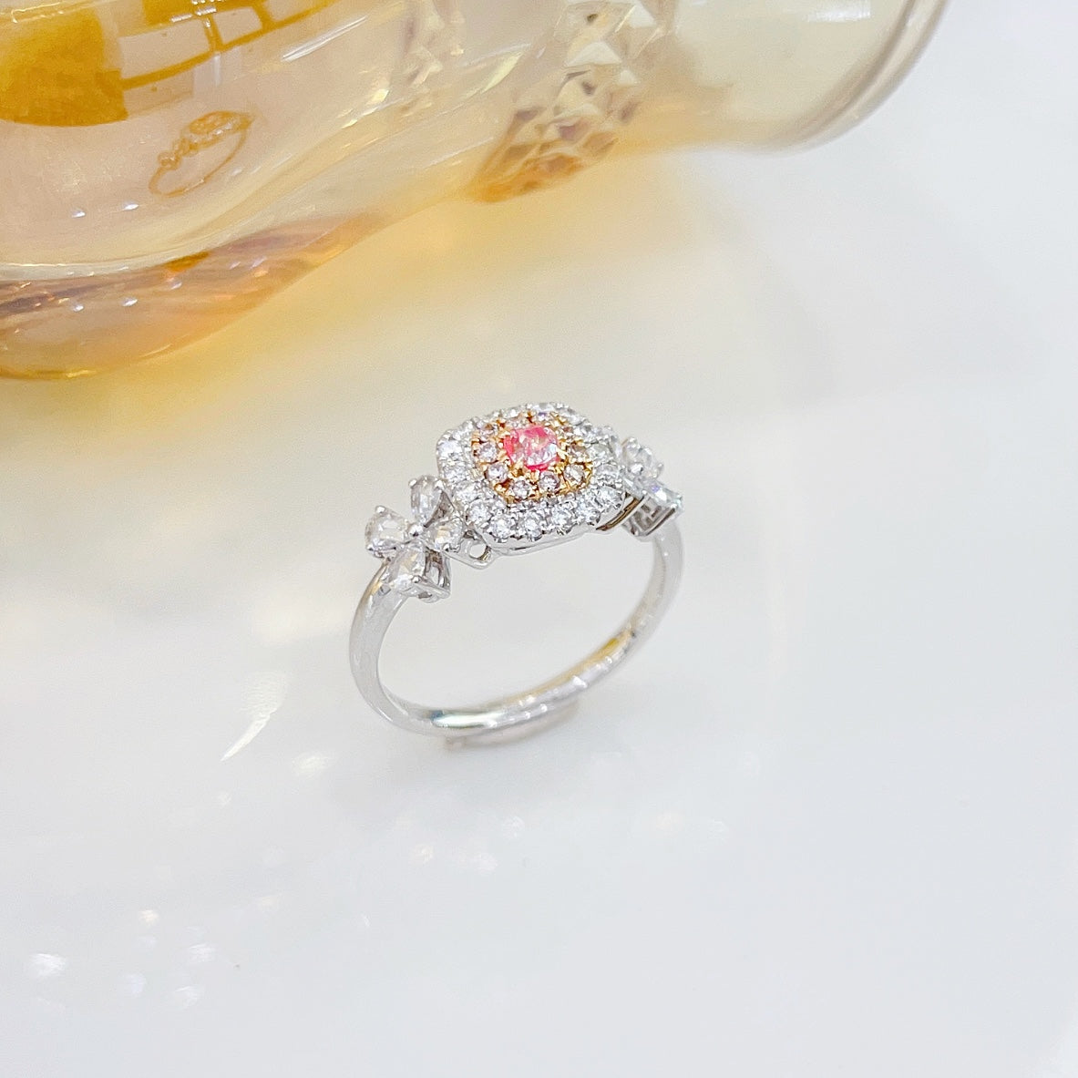 18K Pink Diamond Cushion-Cut Four-Leaf Clover Ring - Luxury Jewelry - Pink Diamond Ring