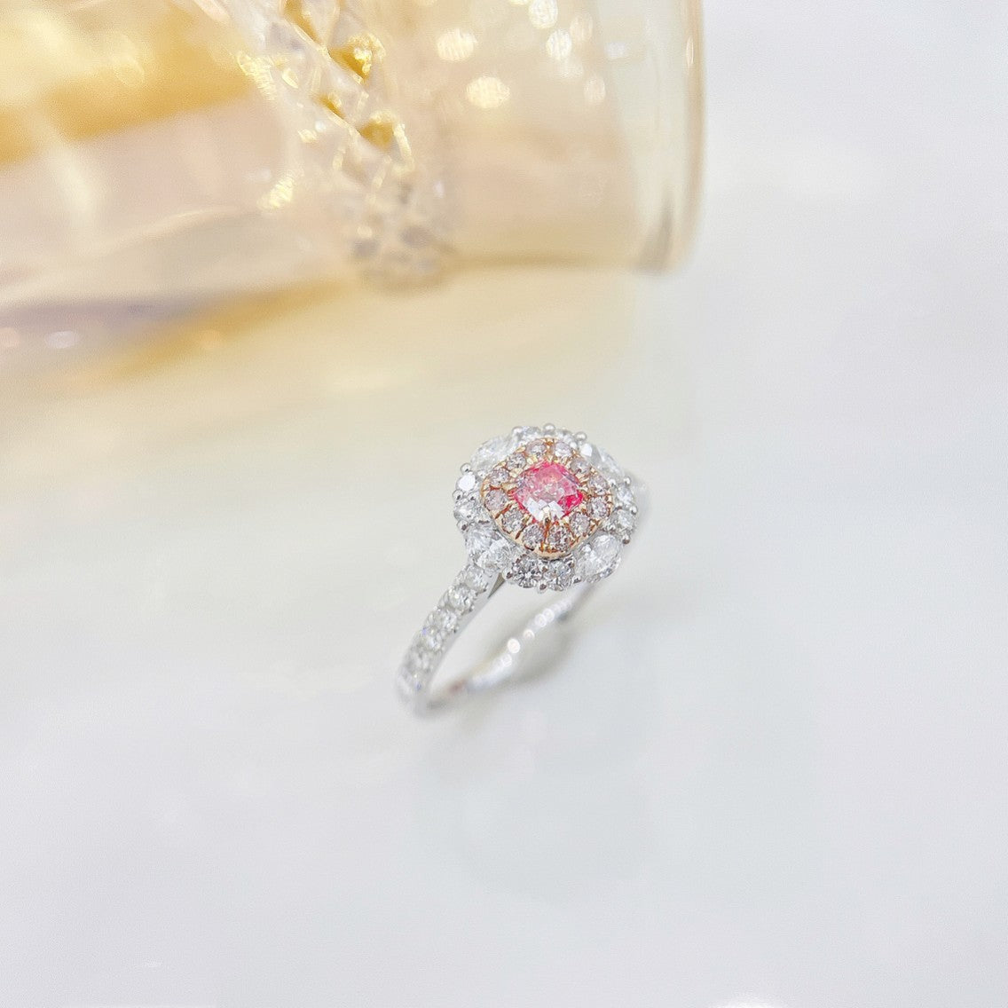 18K Pink Diamond Cushion-Cut Halo Marquise Ring | Premium Jewelry - Pink Diamond Ring