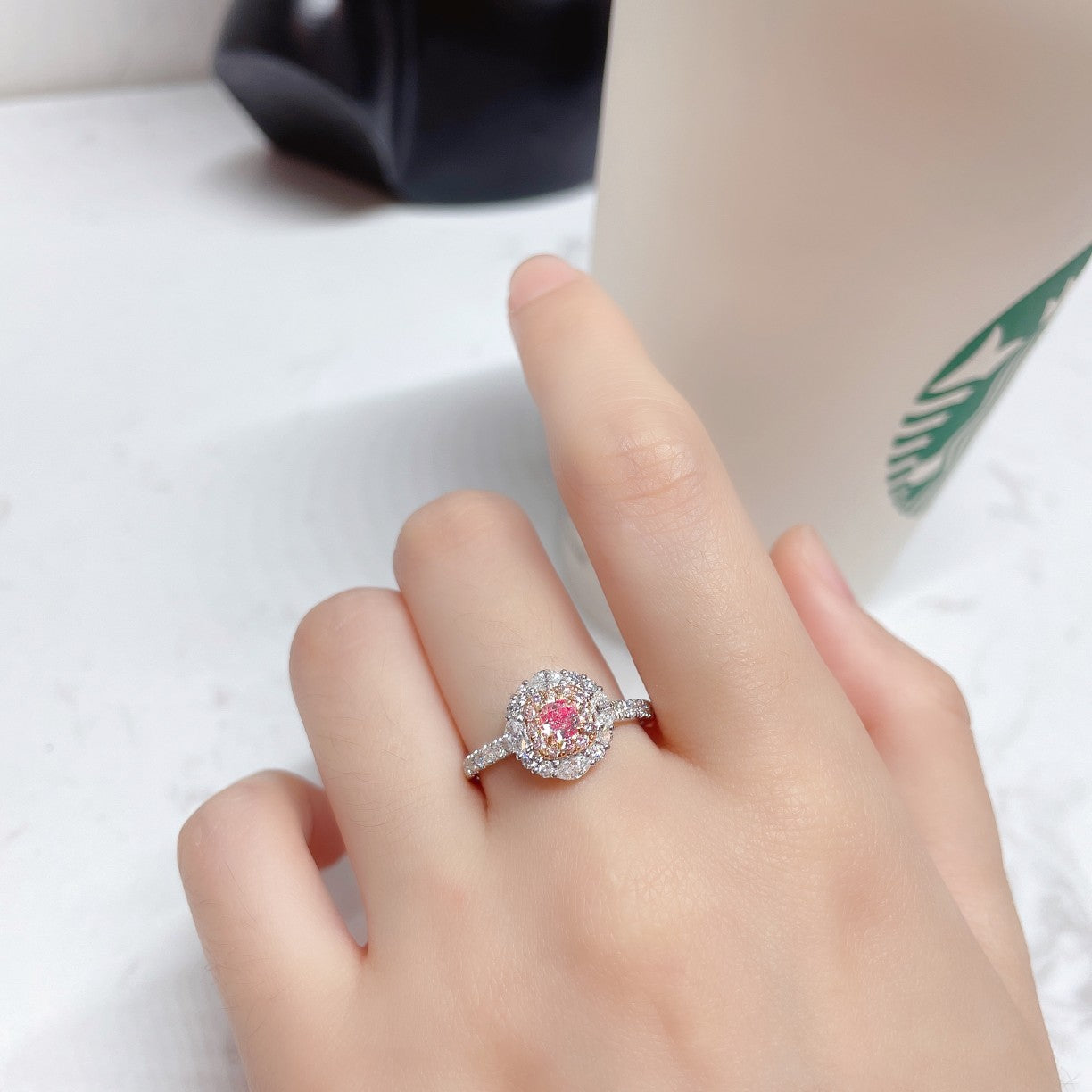 18K Pink Diamond Cushion-Cut Halo Marquise Ring | Premium Jewelry - Pink Diamond Ring