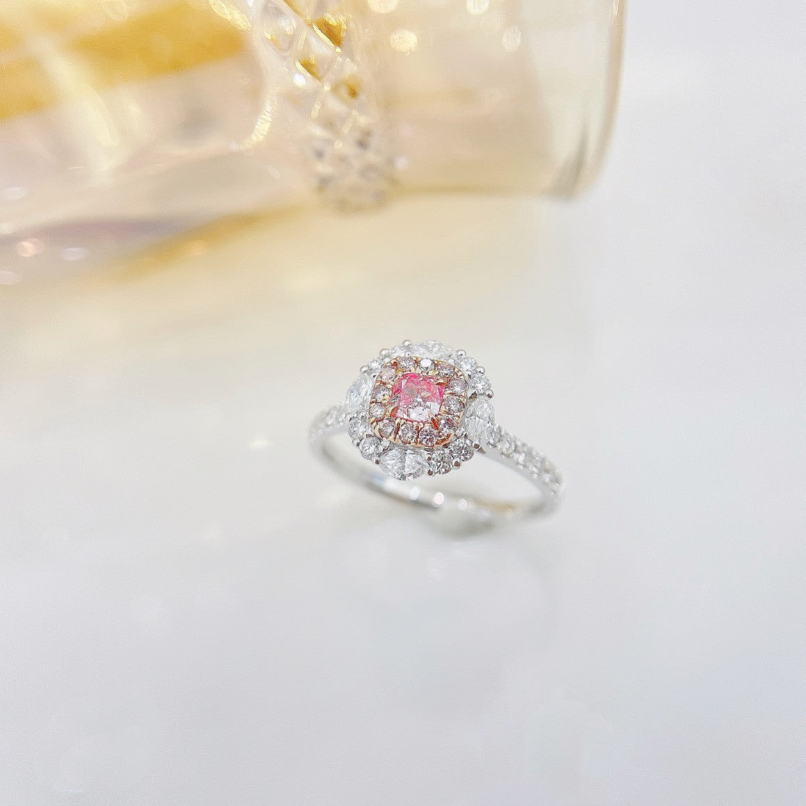 18K Pink Diamond Cushion-Cut Halo Marquise Ring | Premium Jewelry - Pink Diamond Ring