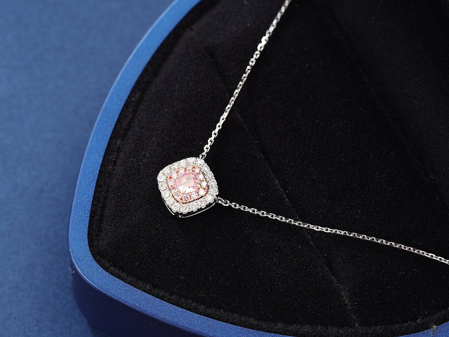 18K Pink Diamond Cushion-Cut Halo Necklace - Pink Diamond Necklace