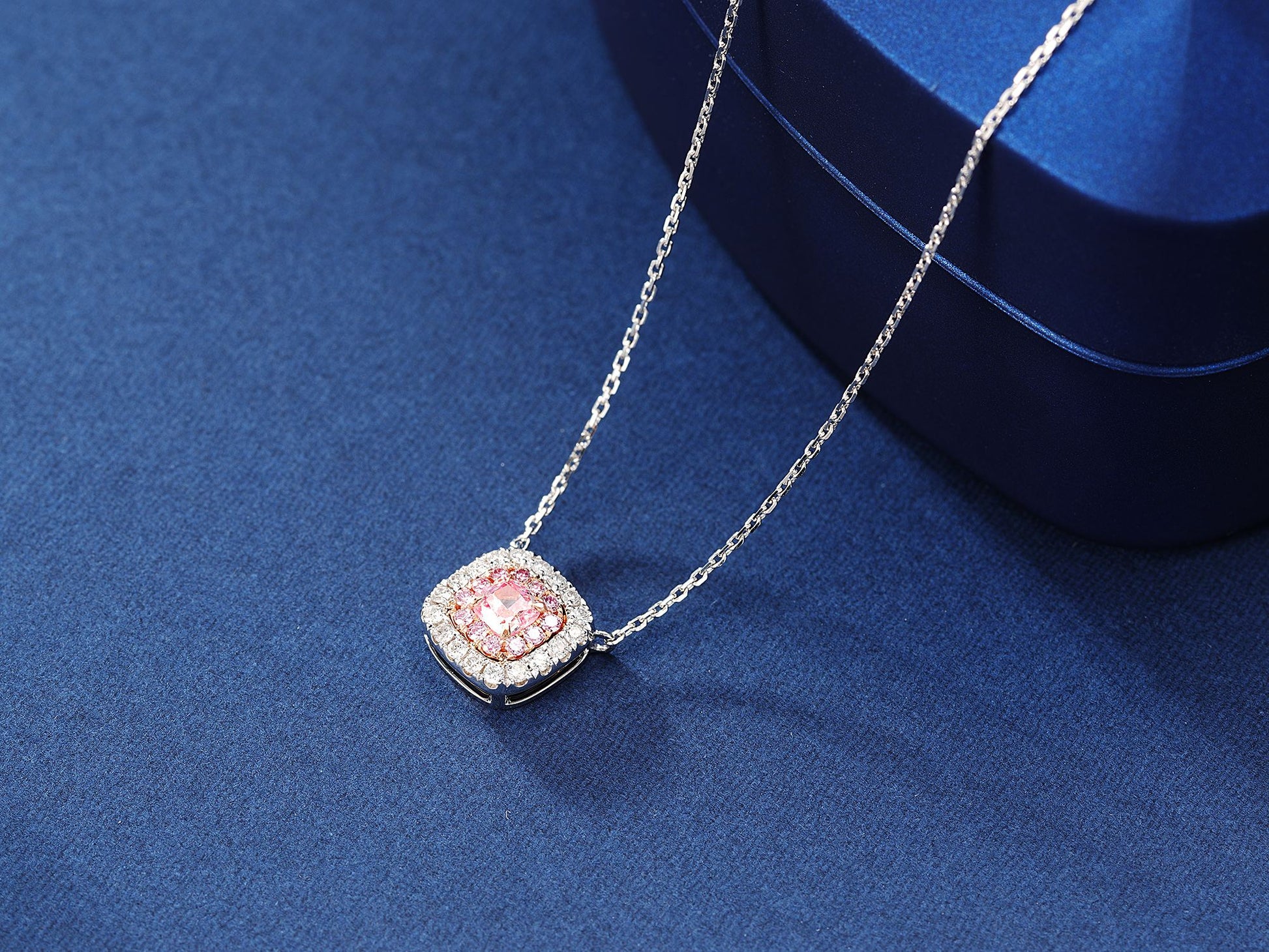 18K Pink Diamond Cushion-Cut Halo Necklace - Pink Diamond Necklace