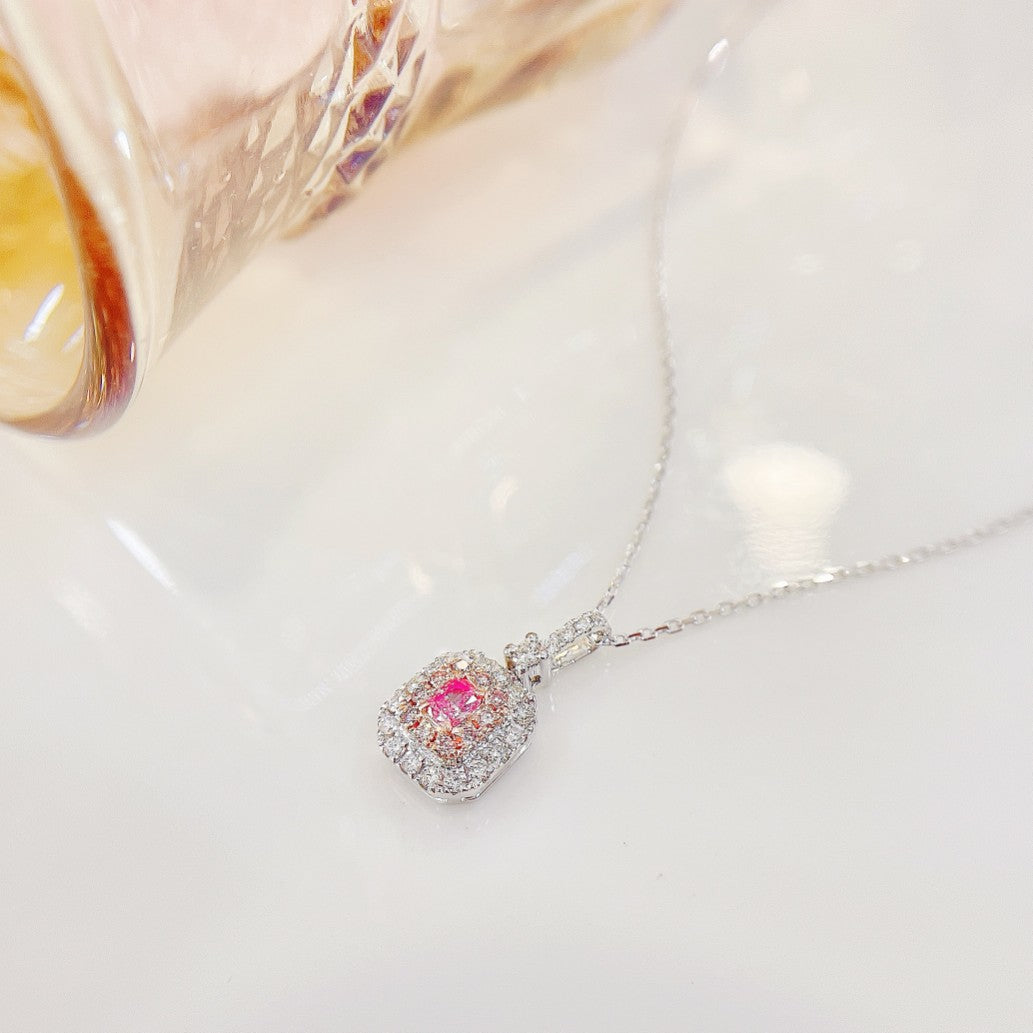 18K Pink Diamond Cushion-Cut Halo Necklace - Exquisite Jewelry - Pink Diamond Necklace