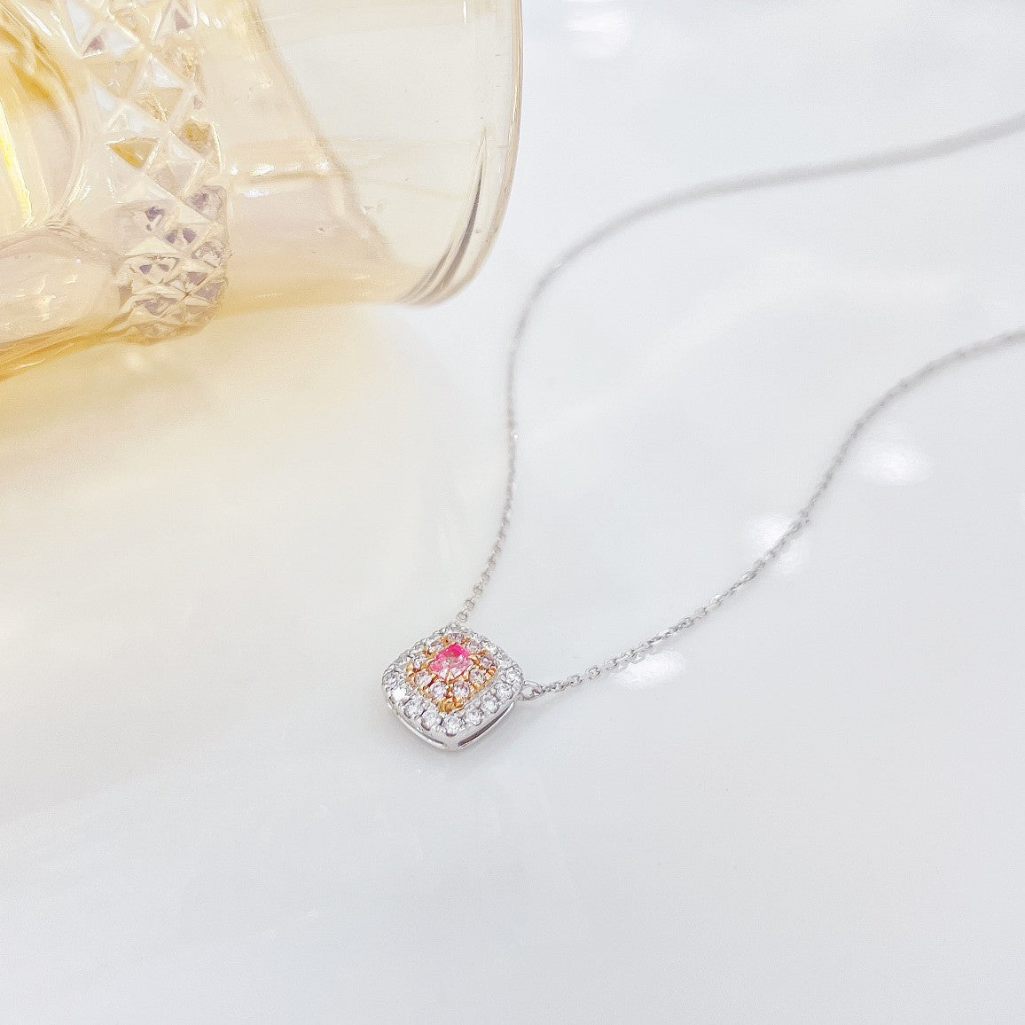 18K Pink Diamond Cushion-Cut Halo Necklace - Exquisite Jewelry - Pink Diamond Necklace