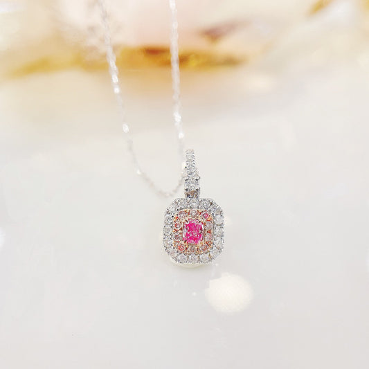 18K Pink Diamond Cushion-Cut Halo Necklace - Exquisite Jewelry - Pink Diamond Necklace