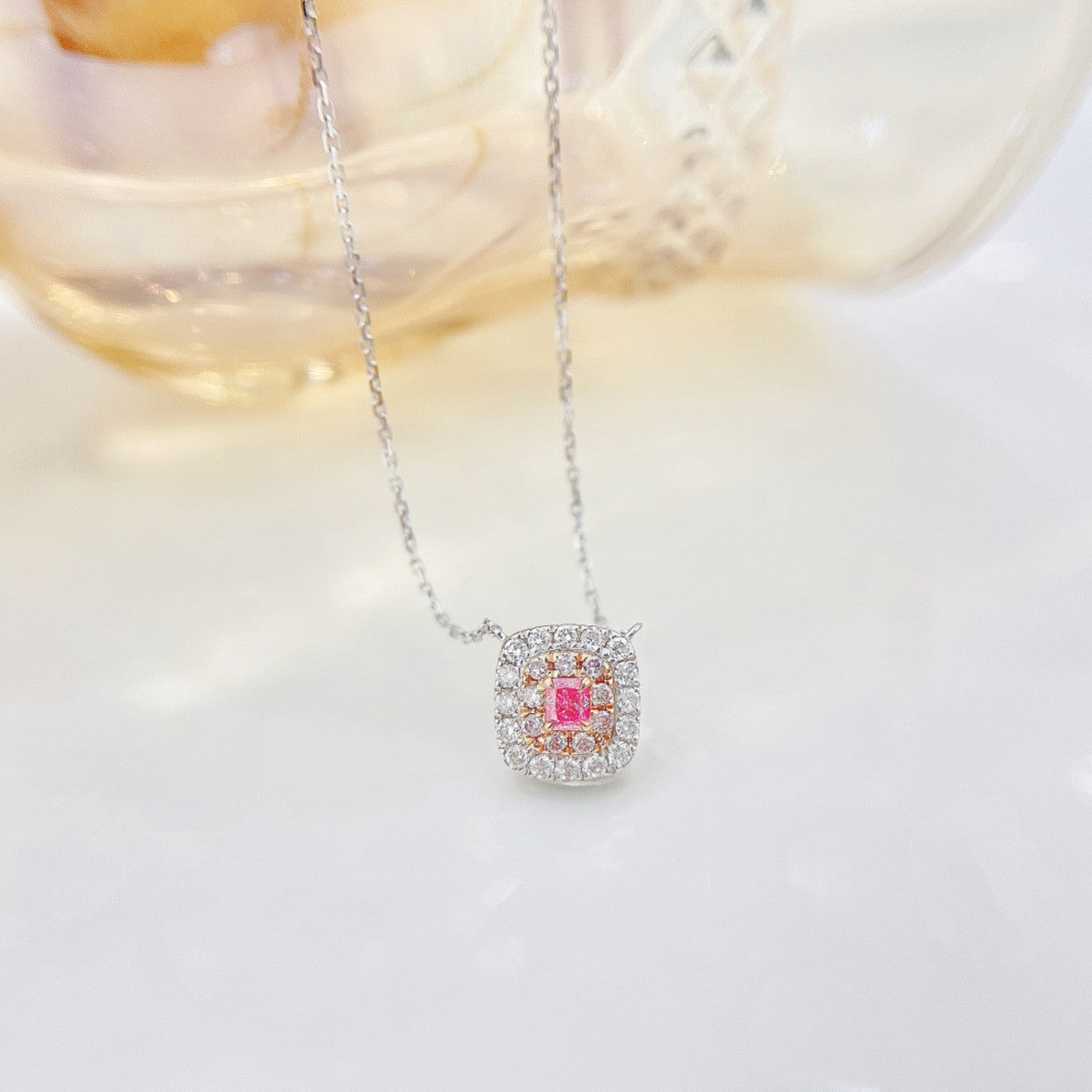 18K Pink Diamond Cushion-Cut Halo Necklace - Exquisite Jewelry - Pink Diamond Necklace