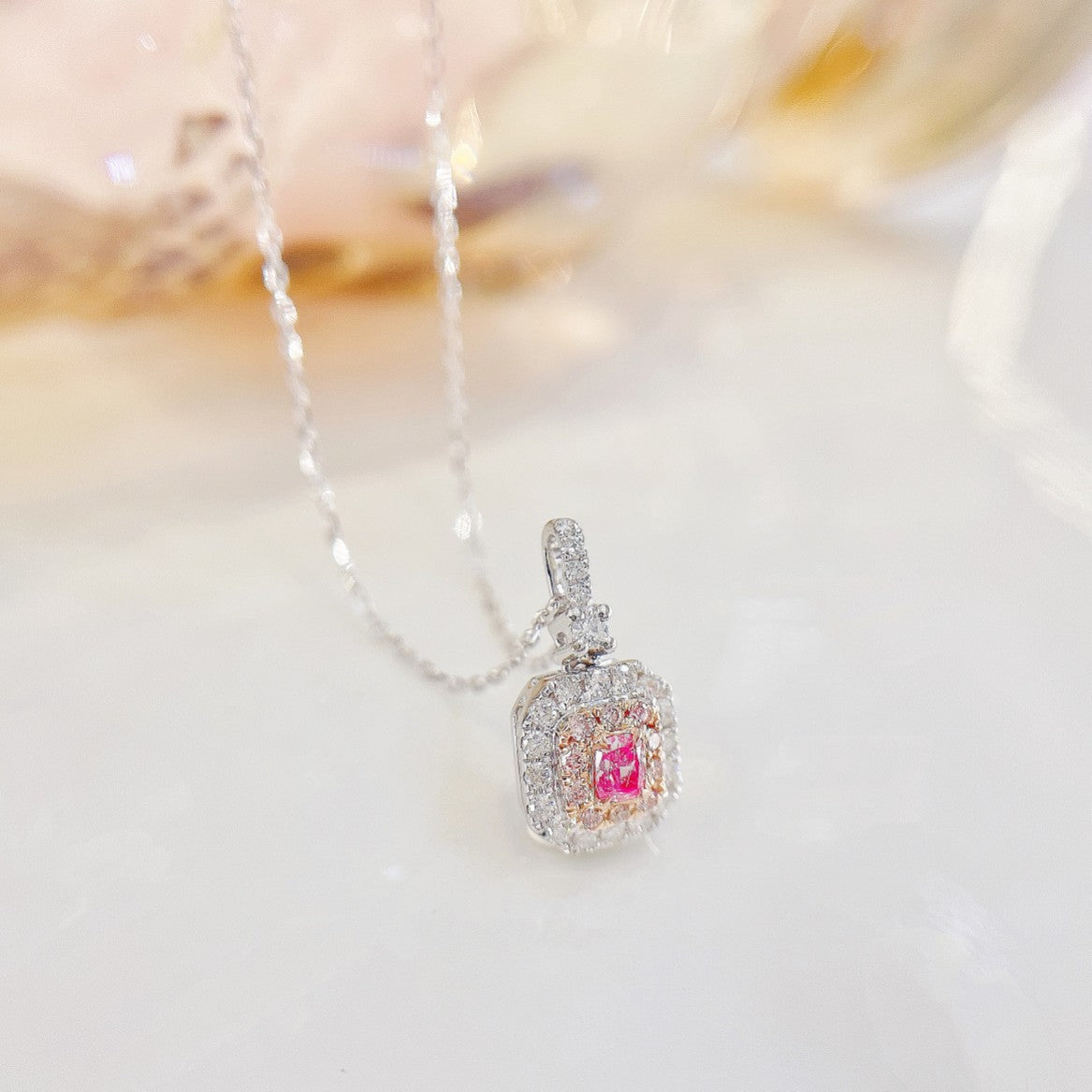 18K Pink Diamond Cushion-Cut Halo Necklace - Exquisite Jewelry - Pink Diamond Necklace