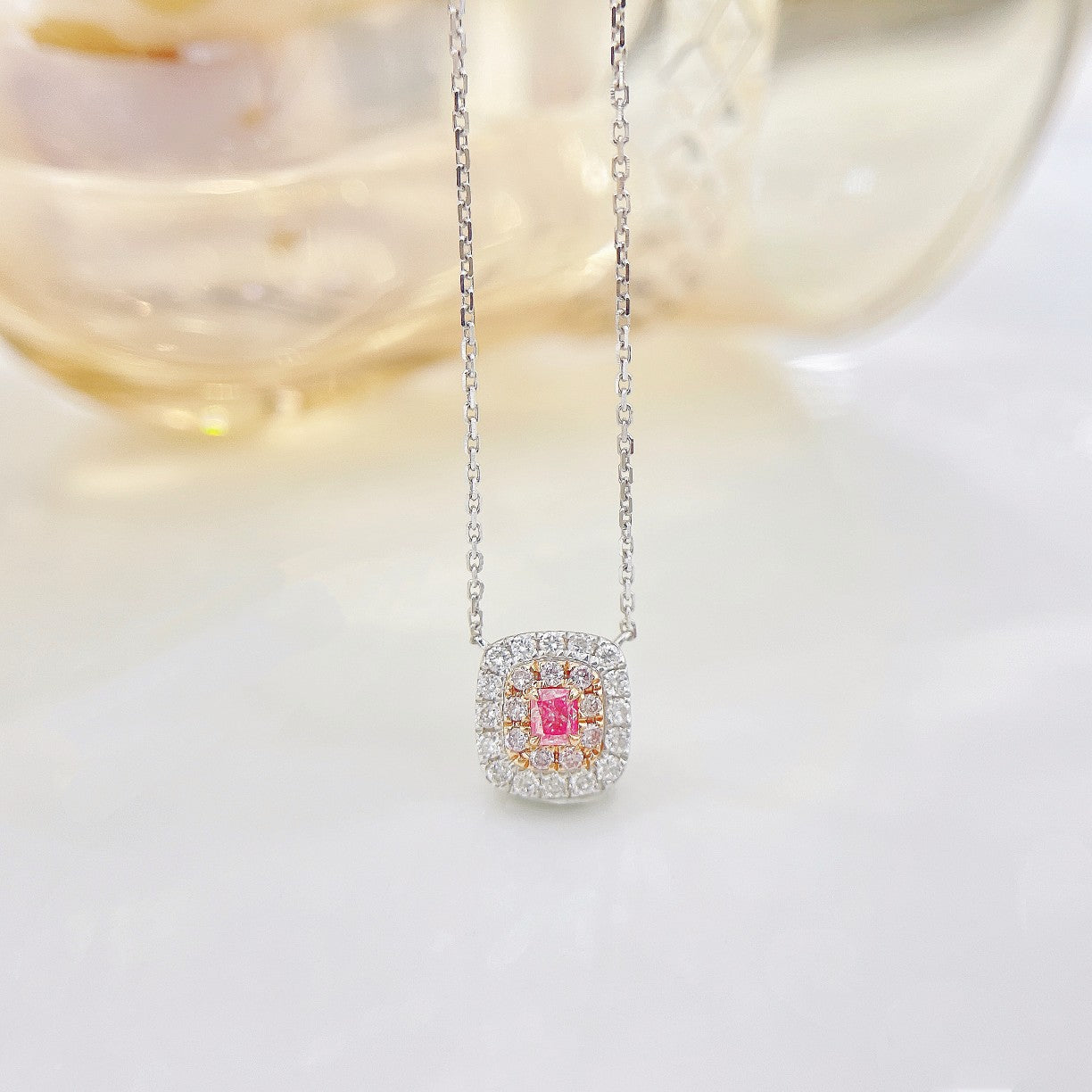 18K Pink Diamond Cushion-Cut Halo Necklace - Exquisite Jewelry - Pink Diamond Necklace