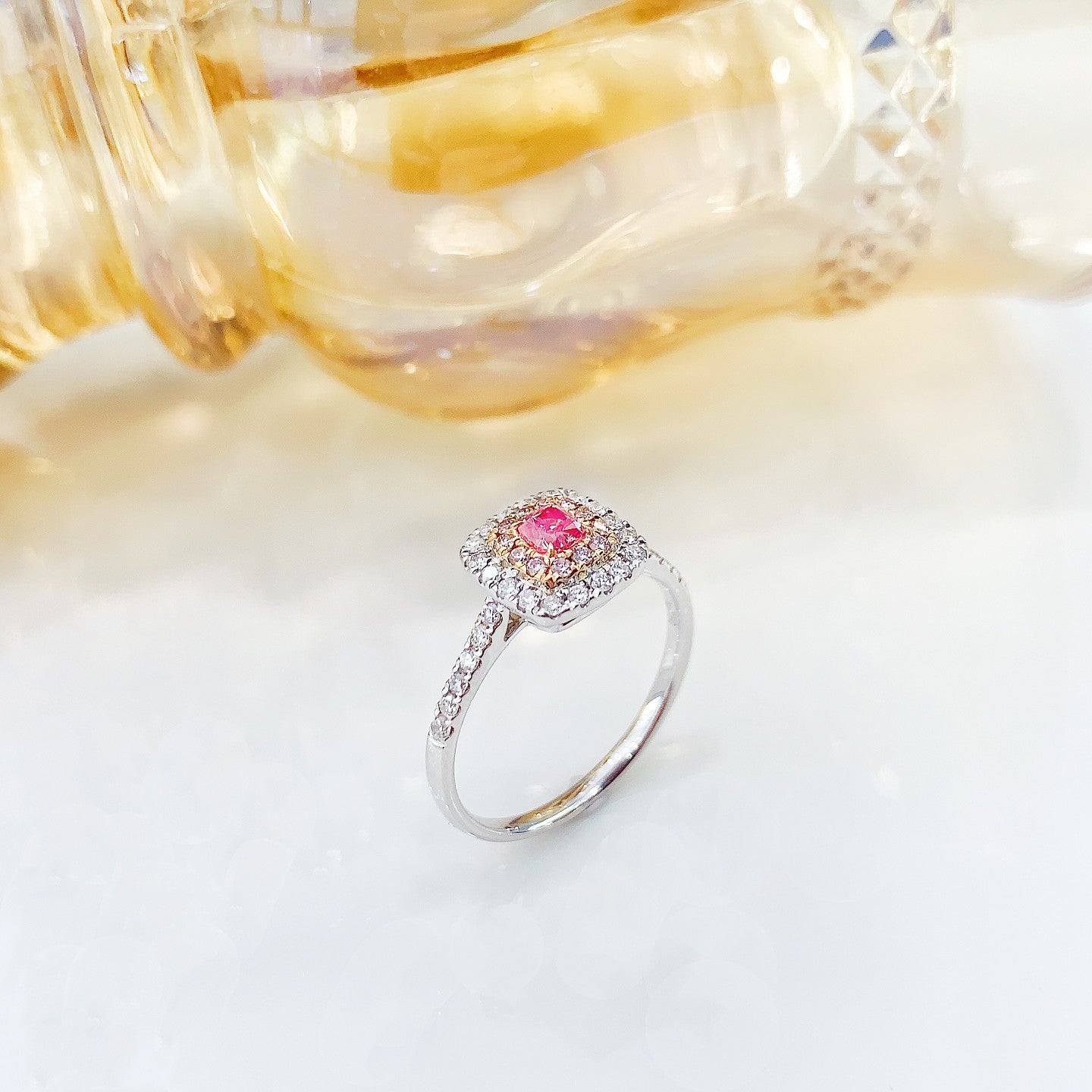 18K Pink Diamond Cushion-Cut Halo Ring - AGL Certified Jewelry - Pink Diamond Ring