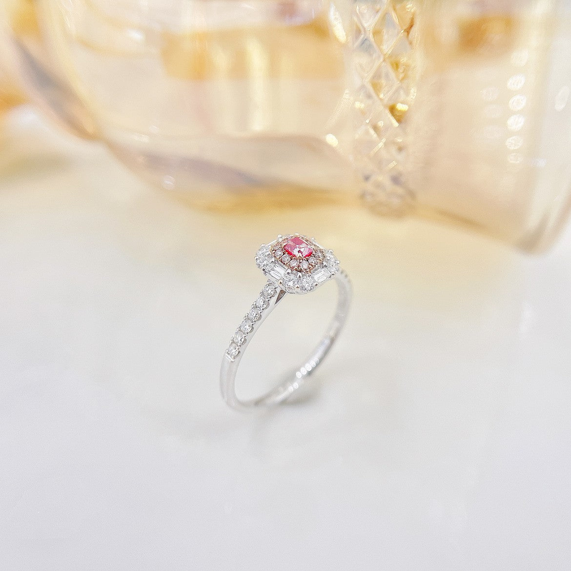 18K Pink Diamond Cushion-Cut Halo Ring - Luxurious Jewelry Piece - Pink Diamond Ring