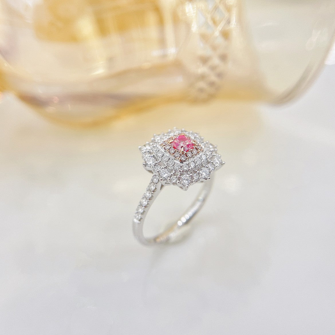 18K Pink Diamond Cushion-Cut Halo Ring - Luxury Jewelry - Pink Diamond Ring