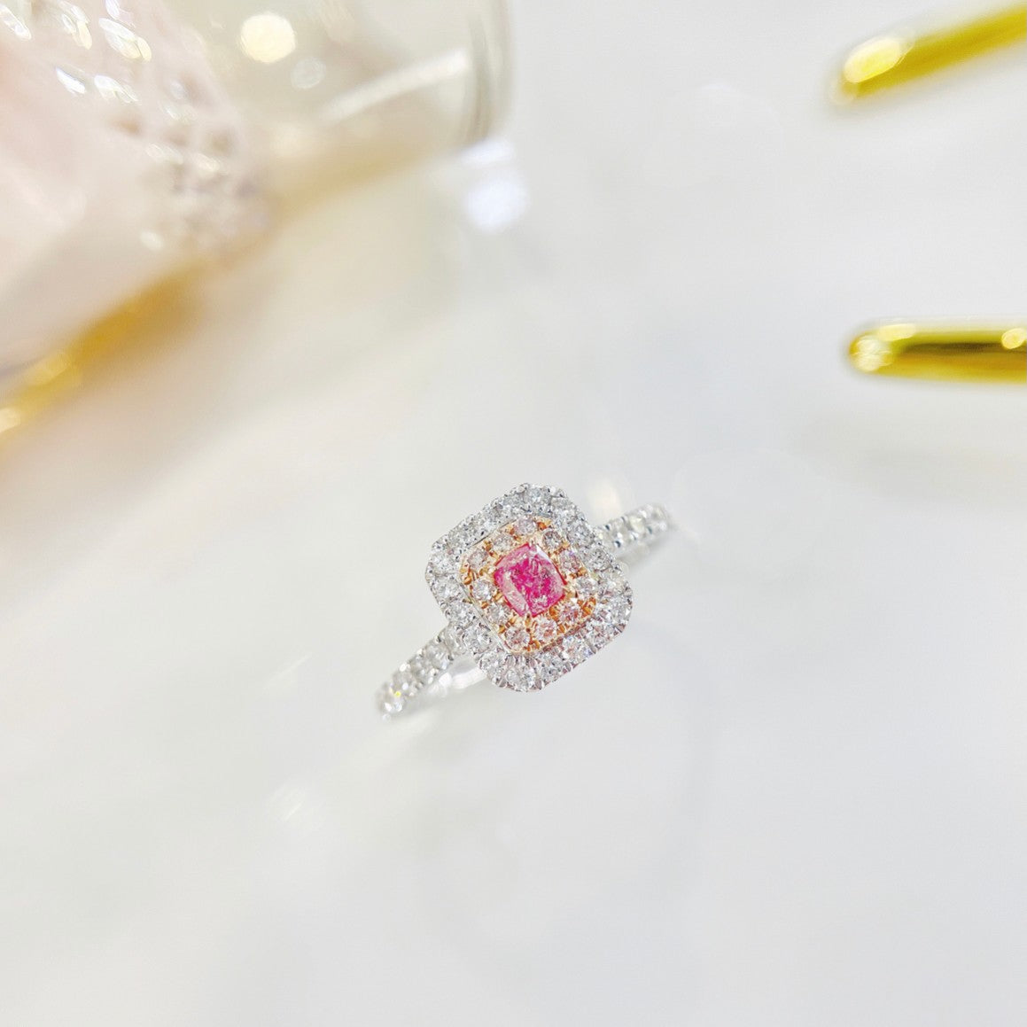 18K Pink Diamond Cushion-Cut Halo Ring - Premium Jewelry - Pink Diamond Ring