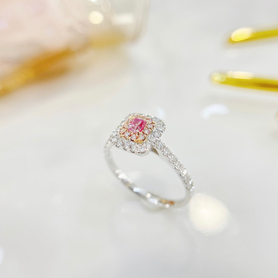 18K Pink Diamond Cushion-Cut Halo Ring - Premium Jewelry - Pink Diamond Ring