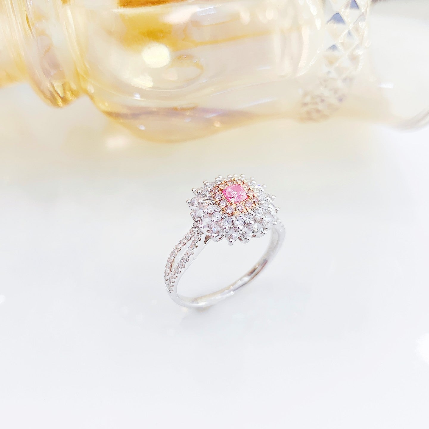 18K Pink Diamond Cushion-Cut Halo Y-Arm Ring | Premium Jewelry - Pink Diamond Ring