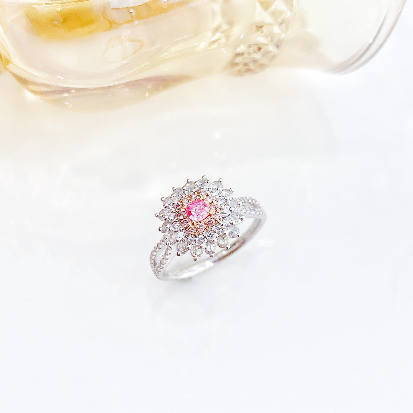 18K Pink Diamond Cushion-Cut Halo Y-Arm Ring | Premium Jewelry - Pink Diamond Ring