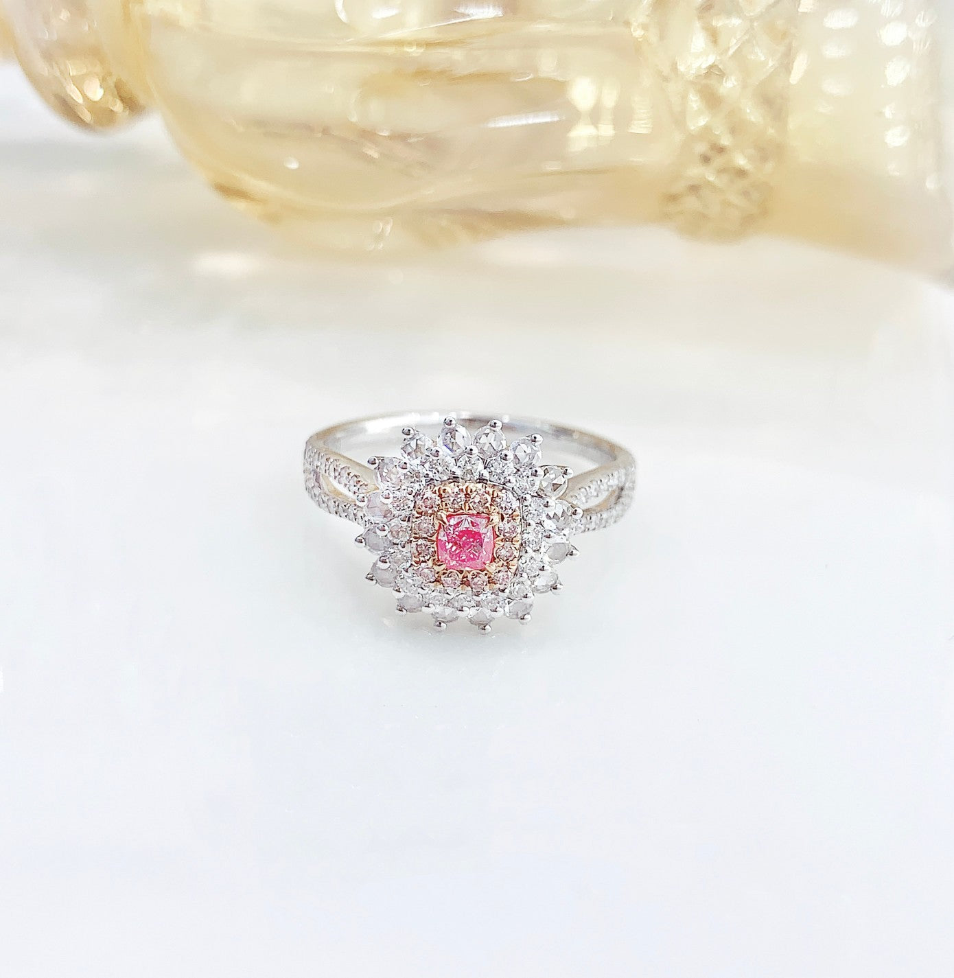 18K Pink Diamond Cushion-Cut Halo Y-Arm Ring | Premium Jewelry - Pink Diamond Ring