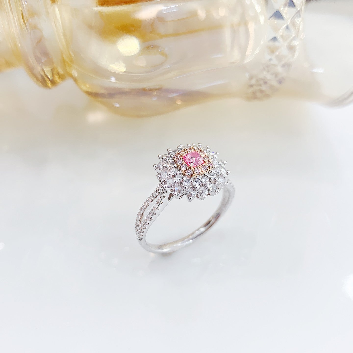 18K Pink Diamond Cushion-Cut Halo Y-Arm Ring | Premium Jewelry - Pink Diamond Ring