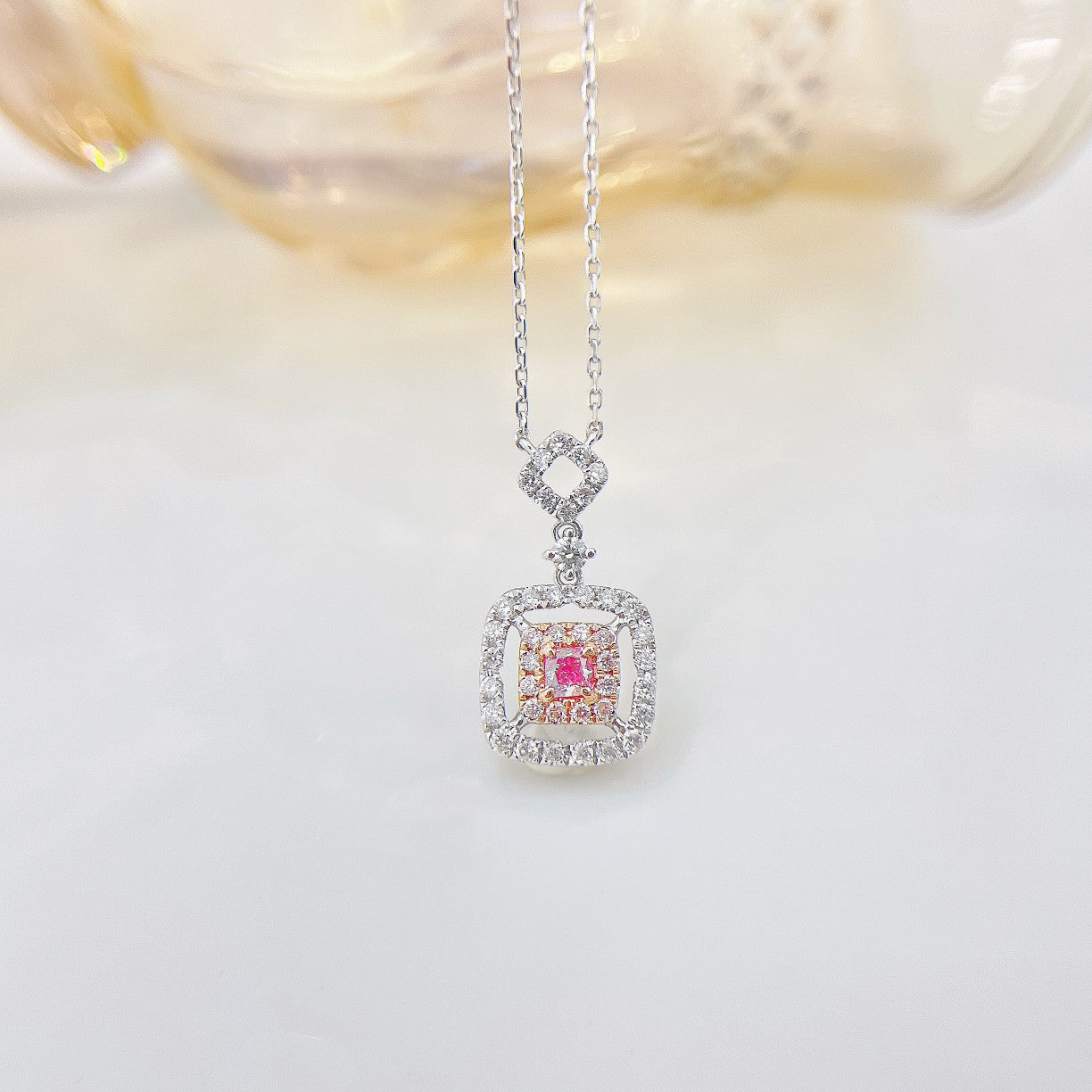 18K Pink Diamond Cushion-Cut Hollow Necklace - XL063-F - Pink Diamond Necklace