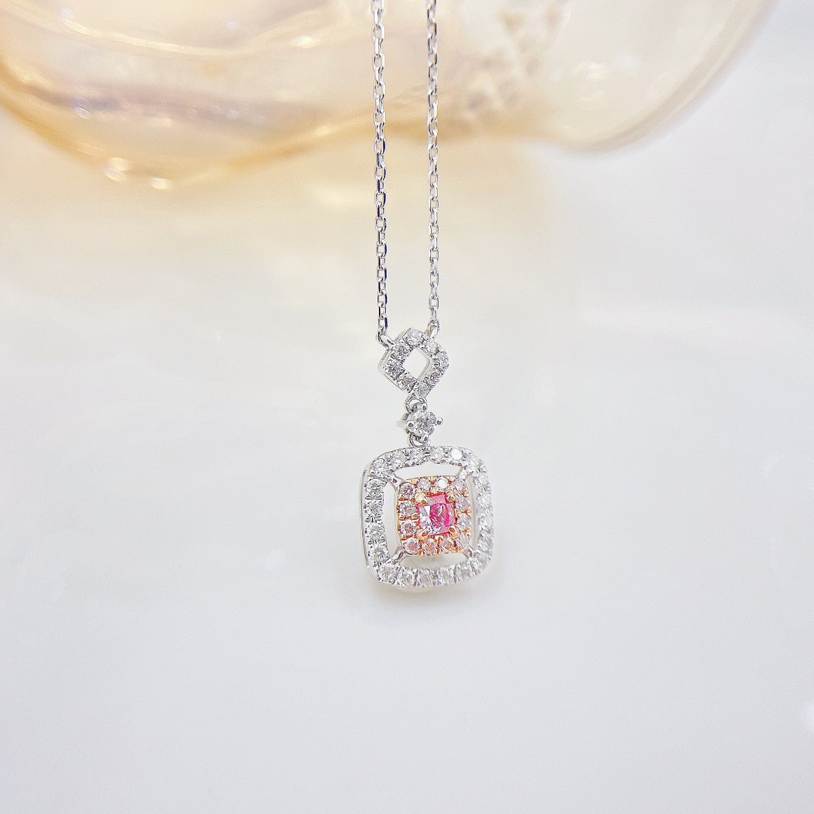 18K Pink Diamond Cushion-Cut Hollow Necklace - XL063-F - Pink Diamond Necklace