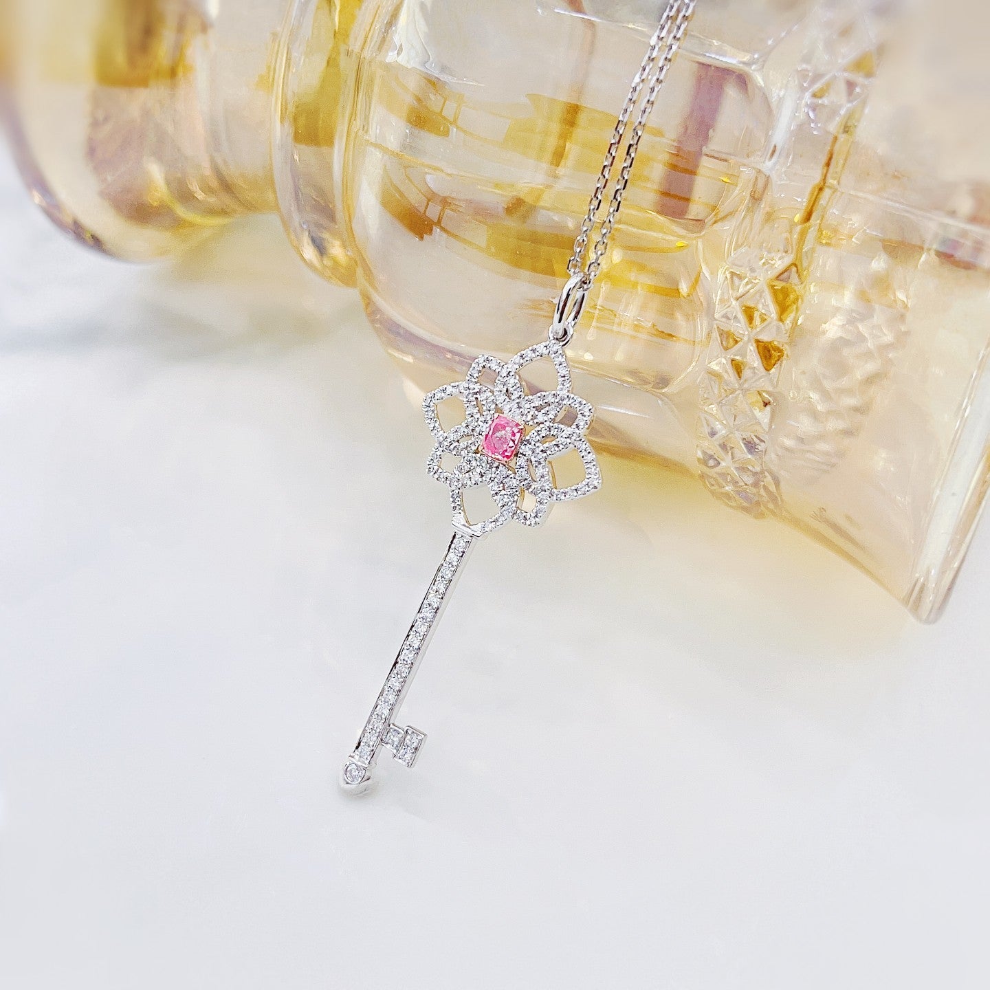 18K Pink Diamond Cushion-Cut Key Pendant Jewelry - Pink Diamond Necklace