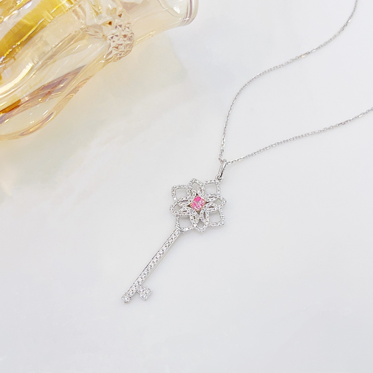 18K Pink Diamond Cushion-Cut Key Pendant Jewelry - Pink Diamond Necklace