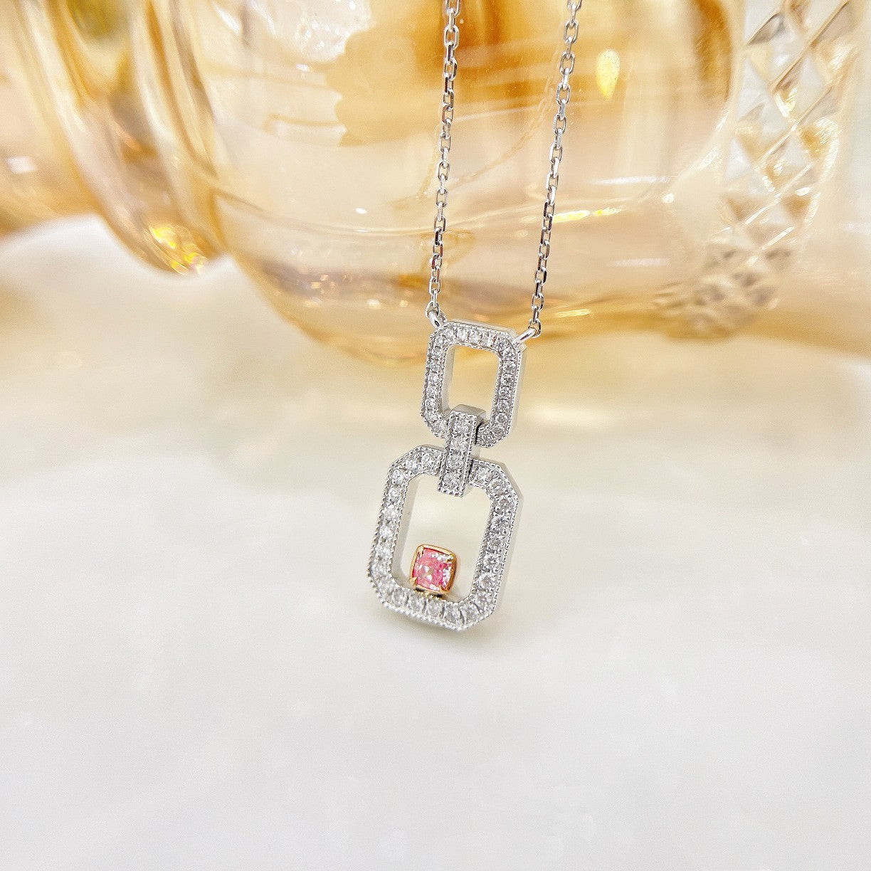 18K Pink Diamond Cushion-Cut Ocean Warm Necklace - Exquisite Jewelry - Pink Diamond Necklace