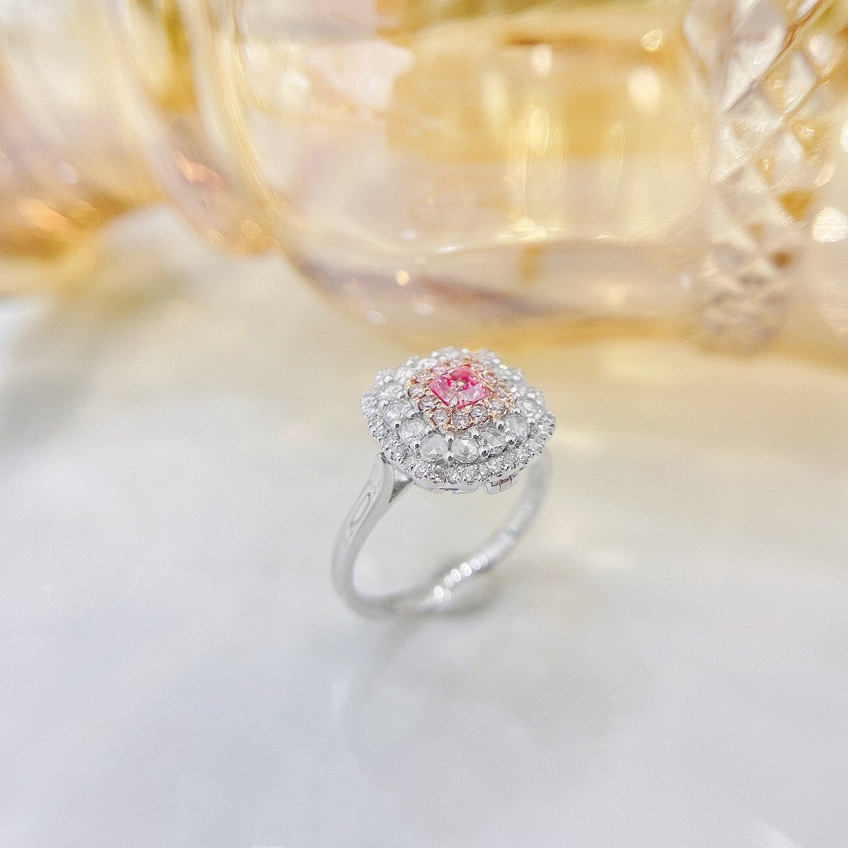 18K Pink Diamond Cushion-Cut Rose Gold Round Diamond Two-Way Wear Jewelry - Pink Diamond Ring