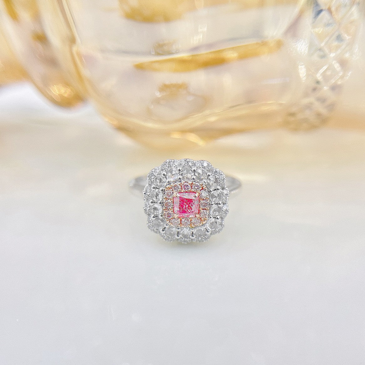 18K Pink Diamond Cushion-Cut Rose Gold Round Diamond Two-Way Wear Jewelry - Pink Diamond Ring