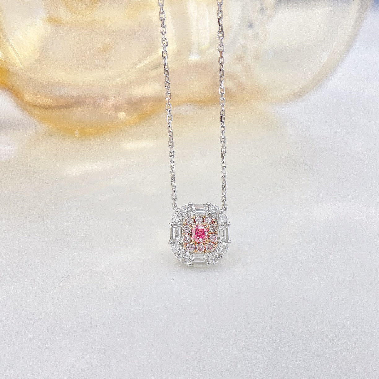 18K Pink Diamond Cushion-Cut Surround Necklace - Exquisite Jewelry - Pink Diamond Necklace