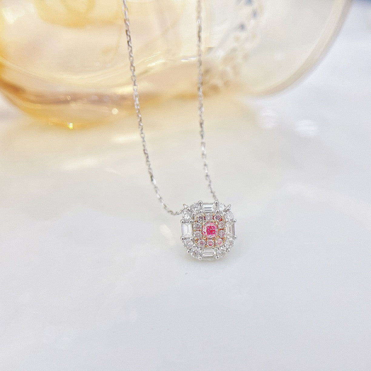 18K Pink Diamond Cushion-Cut Surround Necklace - Exquisite Jewelry - Pink Diamond Necklace